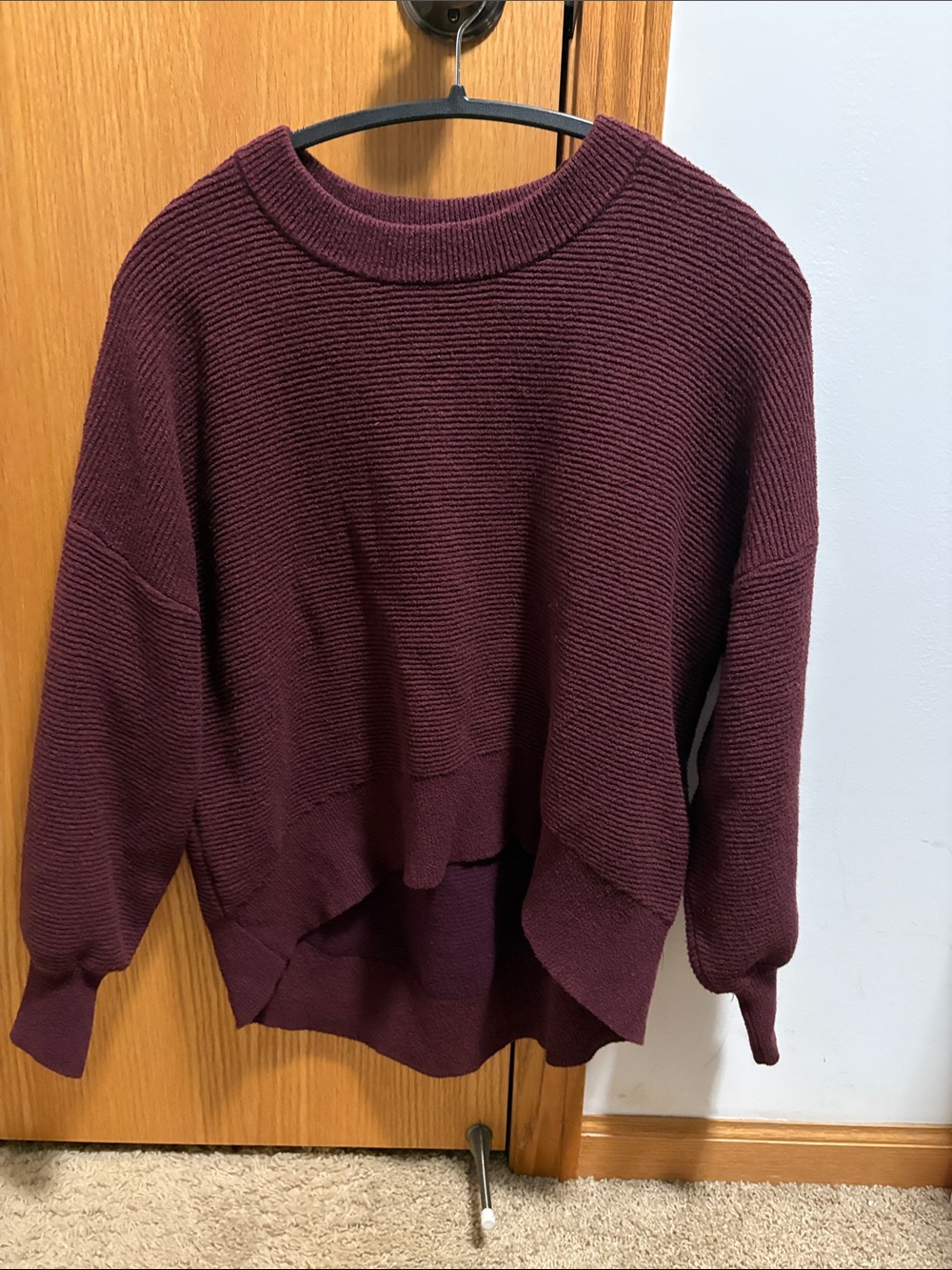 RD Style Ribbed Drop-Shoulder Crewneck Sweater - Burgundy Plum